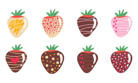 Strawberries in chocolate, big set. Vector Illustration for backgrounds, covers and packaging. Image can be used for greeting cards, posters, stickers and textile. Isolated on white background.のイラスト素材