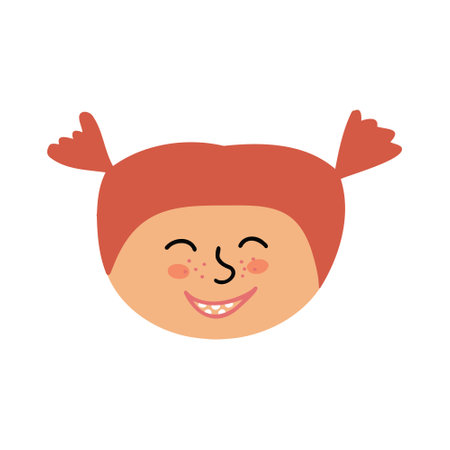 Avatar of a red-haired little girl with two ponytails. Vector Illustration for backgrounds and packaging. Image can be used for greeting cards, posters and stickers. Isolated on white background.のイラスト素材