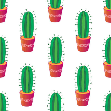 Cactus in pot seamlees pattern. Vector Illustration for printing, backgrounds, covers and packaging. Image can be used for greeting cards, posters, stickers and textile. Isolated on white background.のイラスト素材