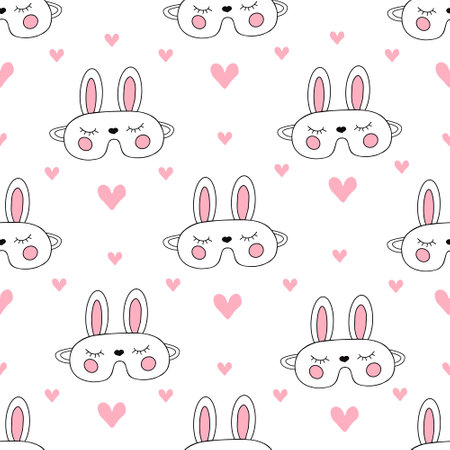 Bunny sleeping mask, rabbit seamless pattern. Vector Illustration for printing, background, cover and packaging. Image can be used for greeting card, poster and textile. Isolated on white background.のイラスト素材
