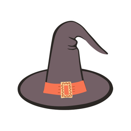 Witch pointed hat with buckle and wide brim. Vector Illustration for backgrounds and packaging. Image can be used for greeting cards, posters, stickers and textile. Isolated on white background.のイラスト素材