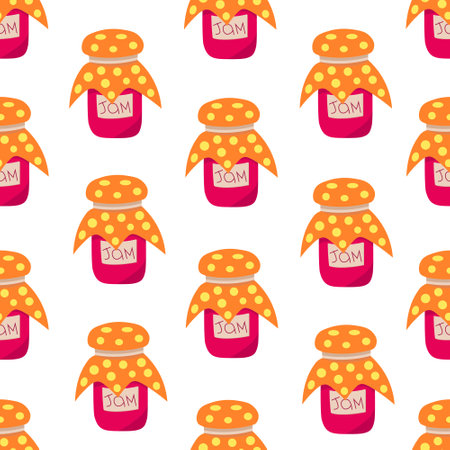 Jar of jam seamless pattern. Vector Illustration for printing, backgrounds, covers and packaging. Image can be used for greeting cards, posters, stickers and textile. Isolated on white background.のイラスト素材