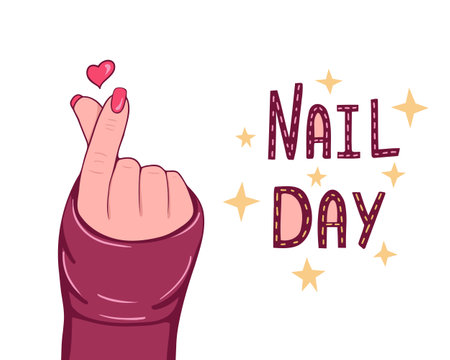 Beautiful nails, female hands, heart shape fingers, nail day. Vector Illustration for backgrounds and packaging. Image can be used for greeting card, poster and sticker. Isolated on white background.のイラスト素材