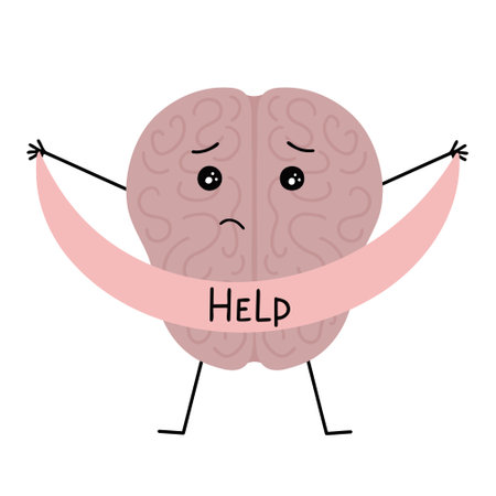 Exhausted tired brain. The mind is asking for help. Vector Illustration for printing, backgrounds, covers and packaging. Image can be used for posters and stickers. Isolated on white background.のイラスト素材