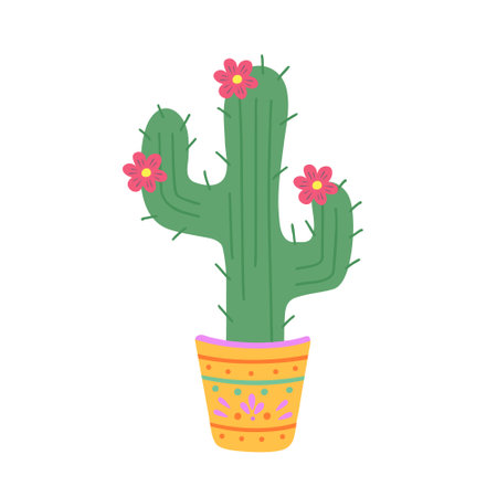 Mexico cactus in pot with flowers. Vector Illustration for backgrounds, covers and packaging. Image can be used for greeting cards, posters, stickers and textile. Isolated on white background.のイラスト素材