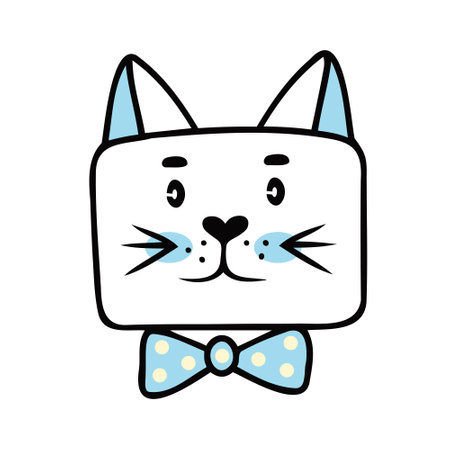 Cute cat face with a bow, boy. Vector Illustration for printing, backgrounds, covers and packaging. Image can be used for greeting cards, posters, stickers and textile. Isolated on white background.のイラスト素材