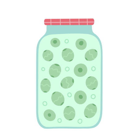 Pickled olives, canned olives in jar. Vector Illustration for printing, backgrounds, covers and packaging. Image can be used for greeting cards, posters and textile. Isolated on white background.のイラスト素材