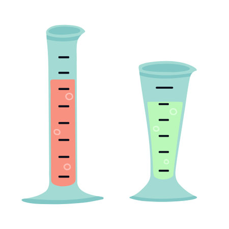 Accessories for chemistry, measuring cylinder and beaker. Vector Illustration for backgrounds, covers, packaging, greeting cards, posters, textile and seasonal design. Isolated on white background.のイラスト素材