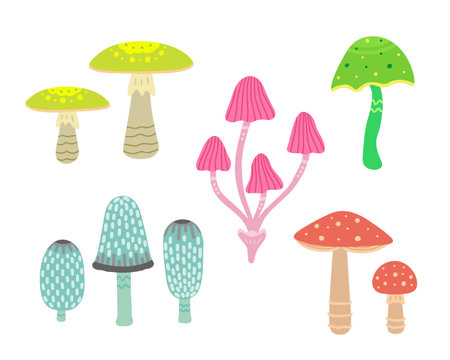 toadstools set, retro mushrooms. Vector Illustration for printing, backgrounds, covers and packaging. Image can be used for greeting cards, posters, stickers and textile. Isolated on white background.のイラスト素材