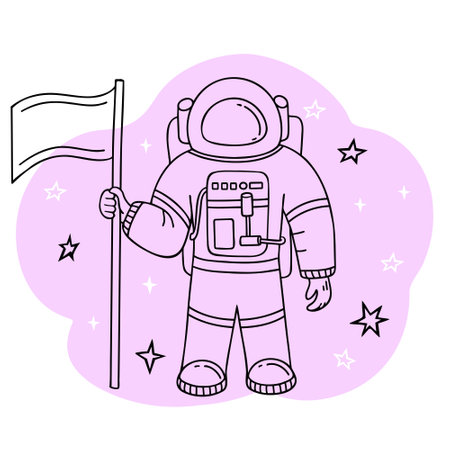 Astronaut, cosmonaut with flag, spaceman. Vector Illustration for printing, backgrounds and packaging. Image can be used for greeting card, poster, sticker and textile. Isolated on white background.のイラスト素材