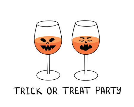 Halloween cocktails, drinks, spooky faces. Trick or treat party. Vector Illustration for backgrounds and packaging. Image can be used for greeting cards and posters. Isolated on white background.のイラスト素材