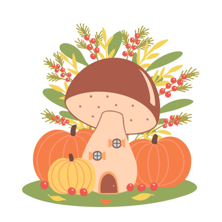mushroom house with pumpkins, autumn landscape. Vector Illustration for printing, backgrounds and packaging. Image can be used for greeting cards, posters and stickers. Isolated on white background.のイラスト素材