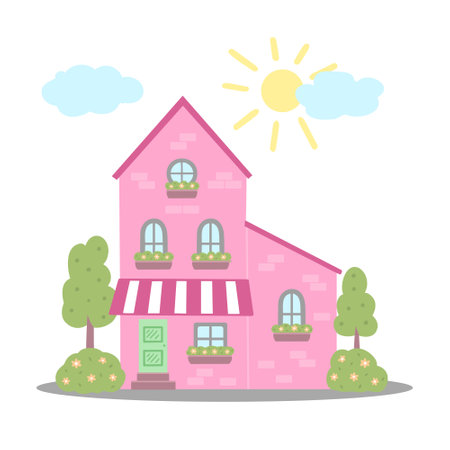 pink house, building. Vector Illustration for printing, backgrounds, covers and packaging. Image can be used for greeting cards, posters, stickers and textile. Isolated on white background.のイラスト素材