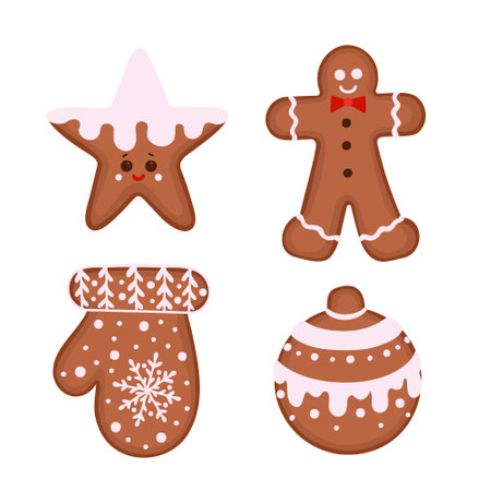 gingerbread cookies, star , glove and man cookies. Vector Illustration for backgrounds, covers and packaging. Image can be used for greeting cards, posters and textile. Isolated on white background.のイラスト素材