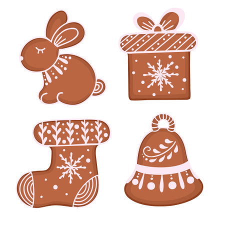 set of curly gingerbread cookies, rabbit, gift box, bell and sock. Vector Illustration for backgrounds and packaging. Image can be used for greeting cards and posters. Isolated on white background.のイラスト素材
