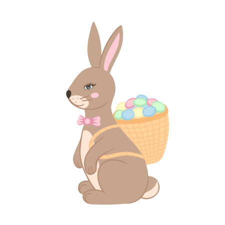 bunny with eggs in basket. Vector Illustration for printing, backgrounds, covers and packaging. Image can be used for greeting cards, posters, stickers and textile. Isolated on white background.のイラスト素材