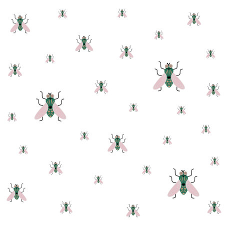 flies insect background, house flies, domestic insect. Vector Illustration for background, cover and packaging. Image can be used for greeting card, poster and sticker. Isolated on white background.のイラスト素材