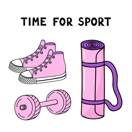 fitness equipment, time for sport. Vector Illustration for printing, backgrounds, covers and packaging. Image can be used for cards, posters, stickers and textile. Isolated on white backgroundのイラスト素材