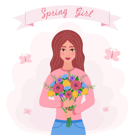 spring girl, girl with bouquet of flowers. Vector Illustration for printing, backgrounds, covers and packaging. Image can be used for card, poster, sticker and textile. Isolated on white background.のイラスト素材