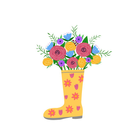 rubber boot with flowers. Vector Illustration for printing, backgrounds, covers and packaging. Image can be used for greeting cards, posters, stickers and textile. Isolated on white background.のイラスト素材