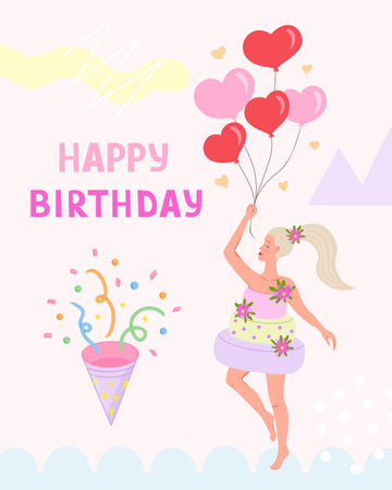 Happy birthday greeting card, woman with balloons. Vector Illustration for printing, backgrounds and packaging. Image can be used for posters, stickers and textile. Isolated on white background.のイラスト素材