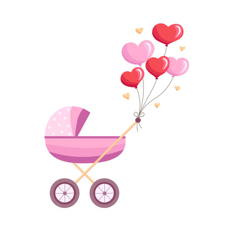 Baby carriage for girl with bunch of balloons, its a girl, baby shower. Vector Illustration for backgrounds and packaging. Image can be used for card, poster, sticker. Isolated on white background.のイラスト素材