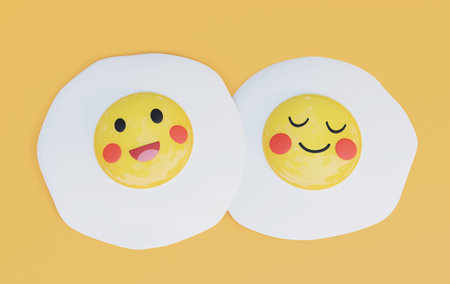 two fried eggs with happy face 3d rendering on orange backgroundの写真素材