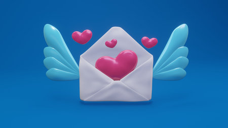 3d illustration of heart envelope with blue wings on blue backgroundの写真素材