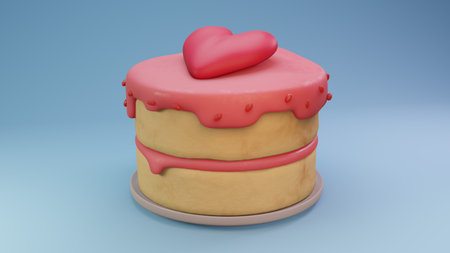 creamy pink heart cake with chocolate chips on blue backgroundの写真素材
