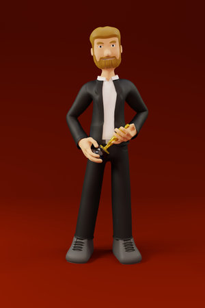 3d illustration of a cartoon character in black suit holding a gamepadの写真素材