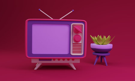 Vintage television and potted plant 3d illustrationの写真素材