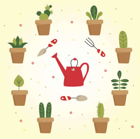 Gardening icon set, flat cartoons style with texture. Vector hand drawn illustrations of gardening. Cute garden work hand drawn elements. garden tools. Isolates on white background.のイラスト素材