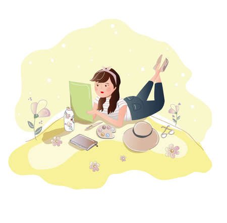 the girl lies in a clearing and holds her drawing in her hands. next to her on the grass are a hat, paints, a brush, glasses, a book, a bottle of water, flowersのイラスト素材