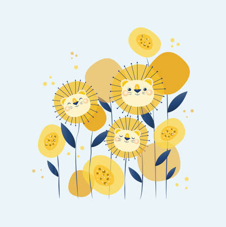 cute children illustration depicting lions in the form of flowers. warm summer colorsのイラスト素材