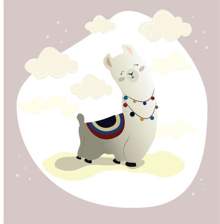 Vector color hand-drawn children illustration, poster, print, postcard with a cute cheerful smiling llama in Scandinavian style on a white background. Cute baby animals. Alpaca. isolated objects.のイラスト素材