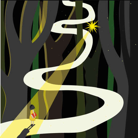 fabulous illustration. girl with a book in a mysterious forest. a star that guides her through the darknessのイラスト素材