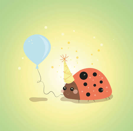 a small smiling ladybug in a festive cap on her head holds a balloon in her paw. cute greeting card. baby illustrationのイラスト素材