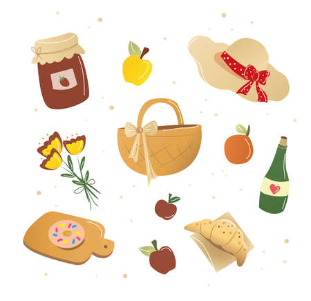 Picnic set food and water in a basket. vector illustrationのイラスト素材