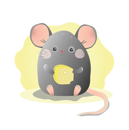 a little cute gray mouse holds a piece of cheese in its paws. light yellow background. children illustration. calm and gentle colorsのイラスト素材