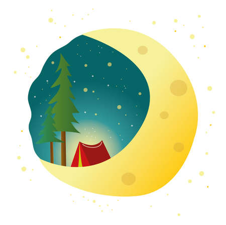A red tent and a fire on meadow. summer or autumn. Hiking and camping. Starry blue sky, stars and meteorites, clouds. Vector landscape can be used in newsletter, brochures, postcards, banner.のイラスト素材