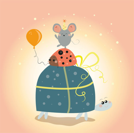 cute greeting card. turtle, ladybug and mouse stand on top of each other. gentle and calm colors. baby illustrationのイラスト素材