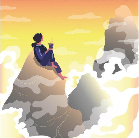 active holidays in the mountains with a cup of coffee. girl sitting on the top of the mountain. beautiful mountain panorama. illustration in warm sunny colorsのイラスト素材