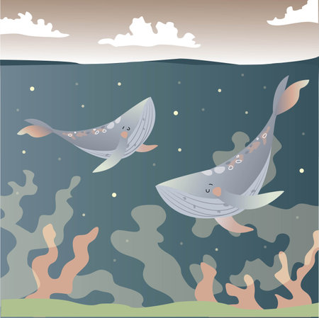 Two cute playful whales - mother and child, swim together in the blue sea ocean. Family of sperm whales, funny sea fish, a creature of the sea world. Flat cartoon colorful vector illustration.のイラスト素材