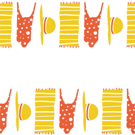 The illustration shows the beach accessories - swimsuit, glasses, towel, hat.