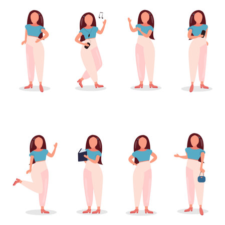 Set girl with a variety of emotions and poses. vector illustrationのイラスト素材