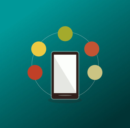 Hand of person hold cellphone text message online with diverse friends. Man communicate on internet on social media on smartphone. Modern technology and communication. vector illustration.のイラスト素材