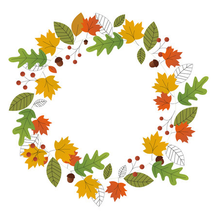 warm and colorful autumn illustrations. leaves and berries, acorns and thin branches. White blank on autumn background with maple leaves.のイラスト素材