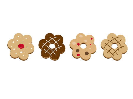 Homemade cookies flat vector illustration. Sweet biscuits of various shapes in pink plate isolated clipart on white background. Delicious baked dessert with berry jam in saucer design elementのイラスト素材