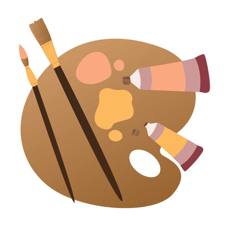 Painting tools elements cartoon colorful vector set. Art supplies: easel with canvas, paint tubes, brushes, pencil, watercolor, palette. Drawing creative materials for workshop designsのイラスト素材
