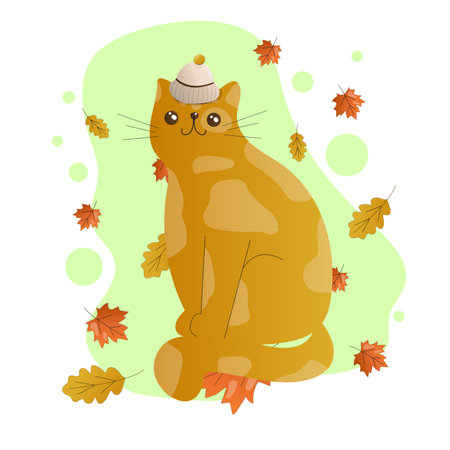cat and autumn. The kitten sits on the fallen leaves. autumn leaves. vector illustration.のイラスト素材